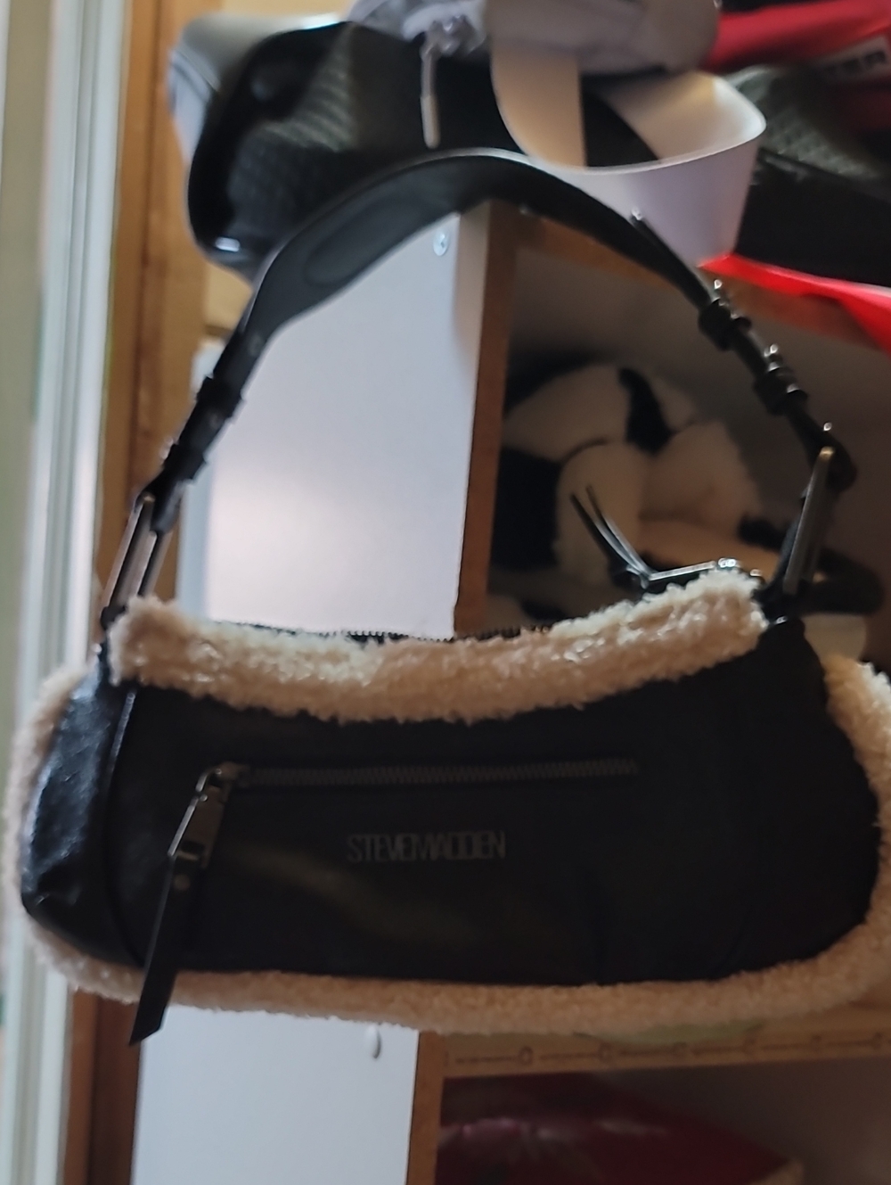 Steve Madden Black Shoulder Bag with Cream Shearling Trim